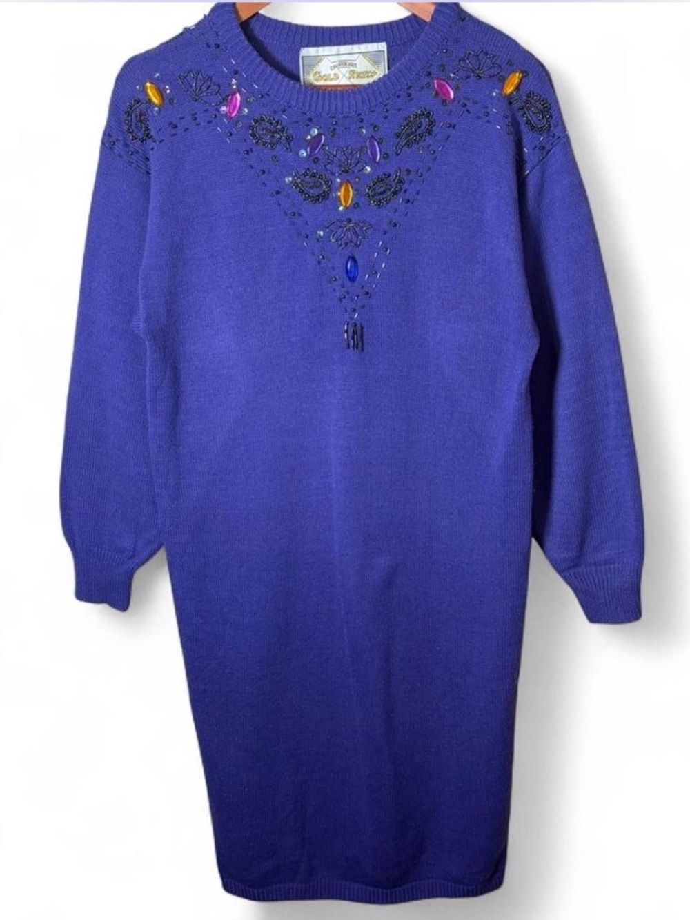 Vintage 80s California Gold Rush Eclectic Jeweled Sweater Dress Purple Medium